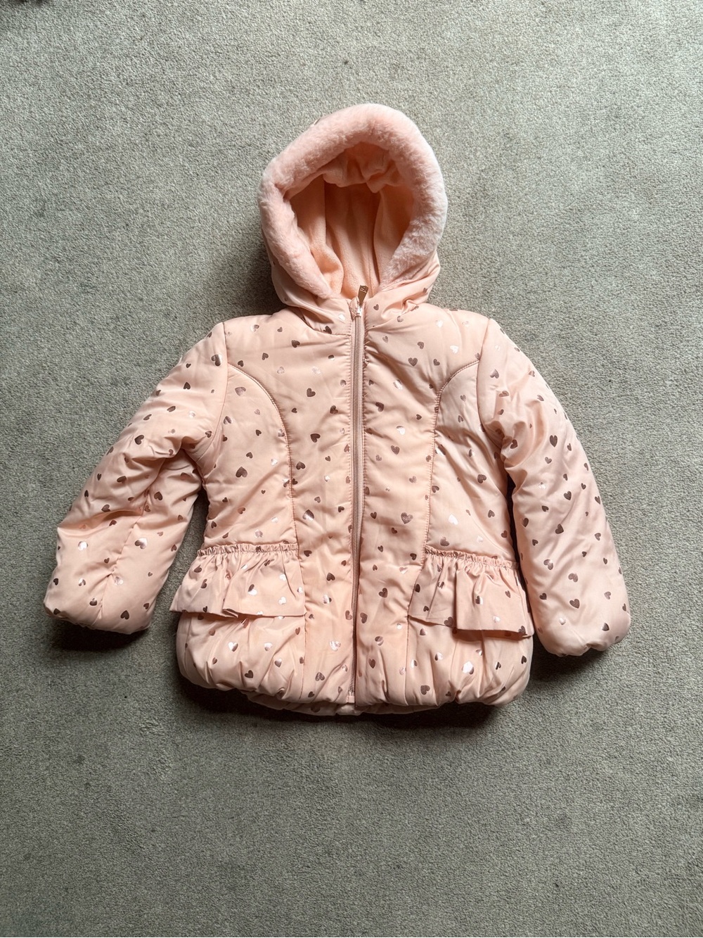 Kensie Girl Pink Polka Dot Hooded Faux Fur Fleece Lined Puffer Jacket Size 4